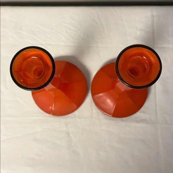 Vintage Orange Glass Candlestick Holders Set of 2 Mid Century Modern - Picture 7 of 7